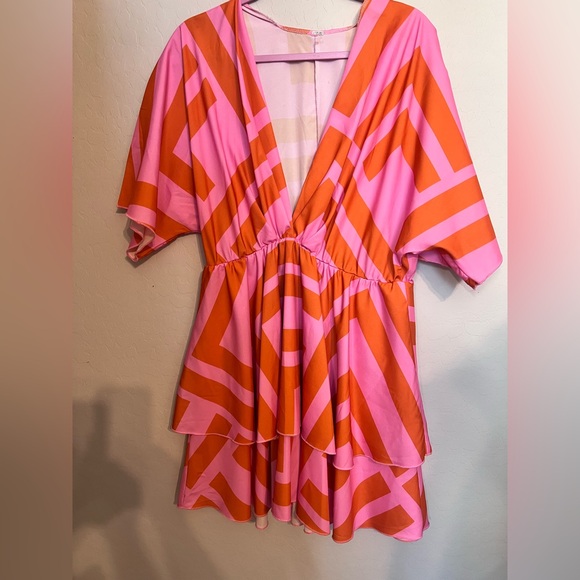 🛍️ Pink orange stripe high, low V-neck midi dress size large - Picture 4 of 6